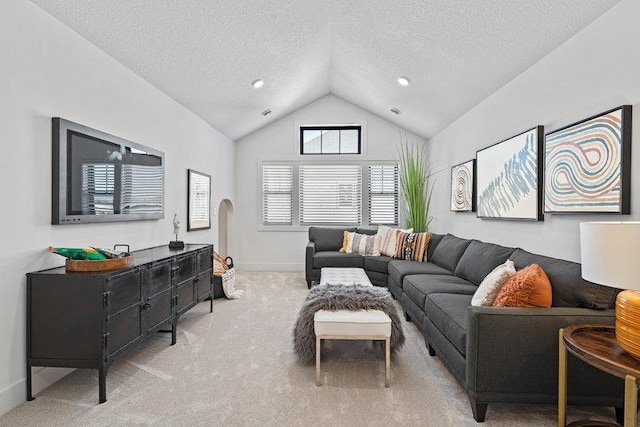 4732 Ogden Trl N, Stillwater, MN 55082 - living room with a textured ceiling, light colored carpet, baseboards, arched walkways, and high vaulted ceiling