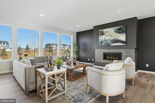 living room featuring light hardwood / wood-style flooring, a fireplace, and plenty of natural light