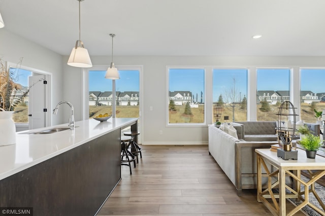 kitchen featuring sink, a healthy amount of sunlight, hardwood / wood-style floors, and decorative light fixtures