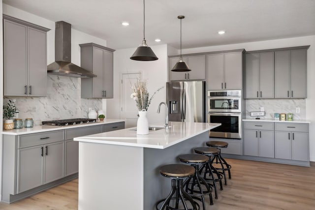 kitchen with gray cabinetry, sink, wall chimney exhaust hood, a kitchen island with sink, and appliances with stainless steel finishes