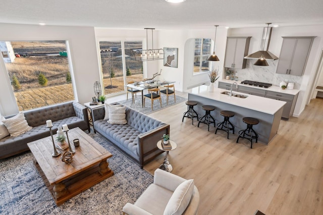 living room featuring plenty of natural light, light wood-type flooring, and a textured ceiling