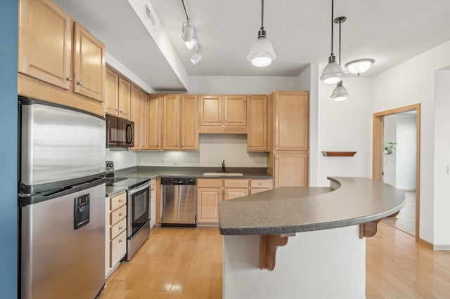 kitchen with appliances with stainless steel finishes, light hardwood / wood-style floors, hanging light fixtures, and sink