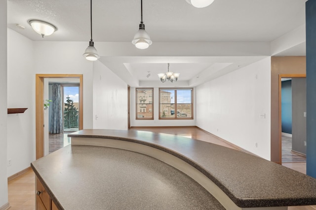 kitchen featuring a notable chandelier, a healthy amount of sunlight, hanging light fixtures, and light hardwood / wood-style flooring