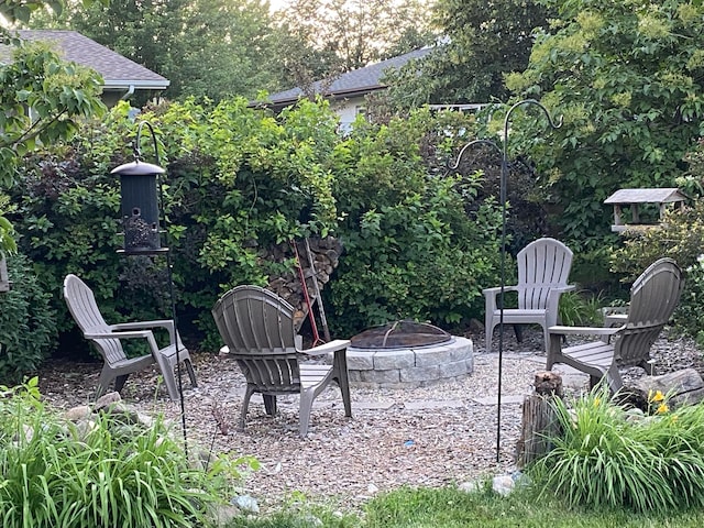 view of yard with a patio area and a fire pit