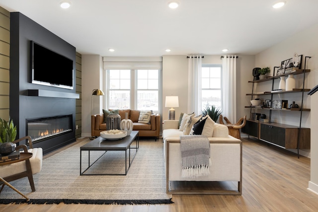 living room featuring a fireplace and light hardwood / wood-style floors