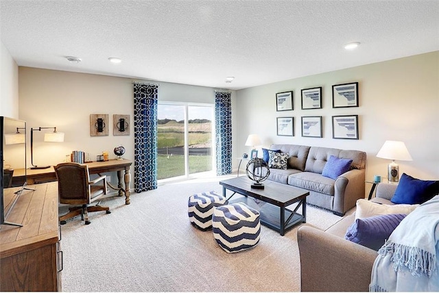 living room with light colored carpet and a textured ceiling