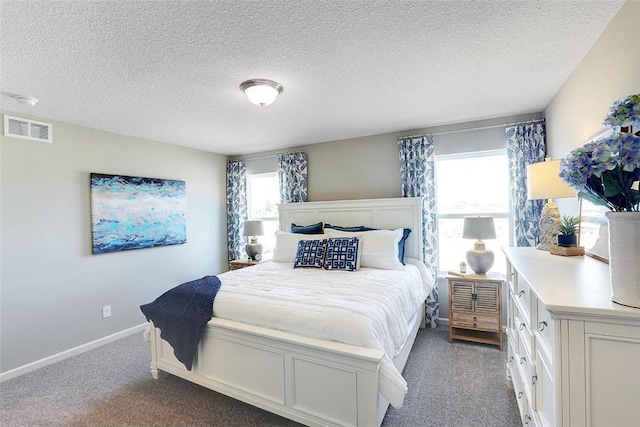 carpeted bedroom with a textured ceiling and multiple windows