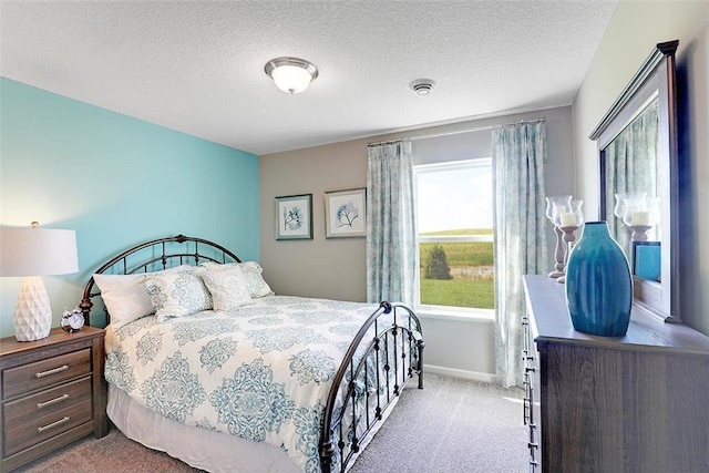 bedroom with a textured ceiling and light colored carpet