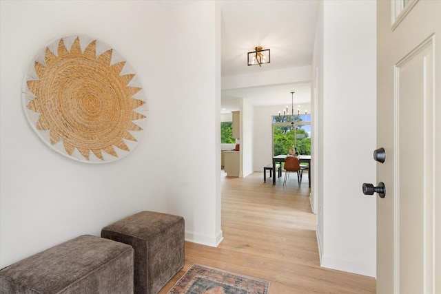 entrance foyer featuring hardwood / wood-style floors and an inviting chandelier