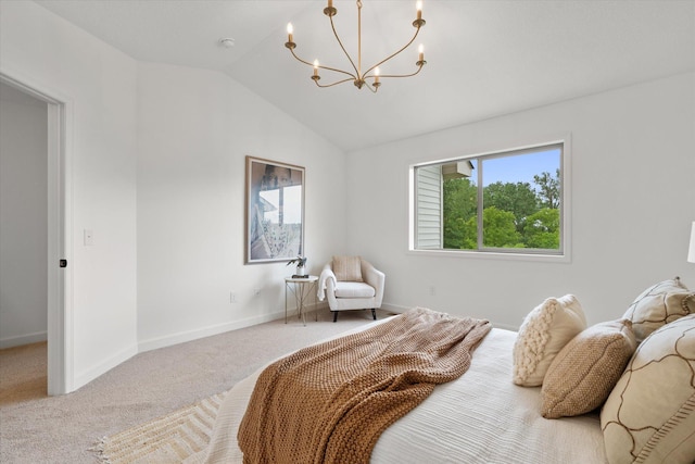 carpeted bedroom featuring vaulted ceiling and a notable chandelier