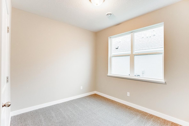 unfurnished room with carpet and a textured ceiling