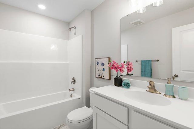 full bath with vanity, washtub / shower combination, toilet, visible vents, and recessed lighting