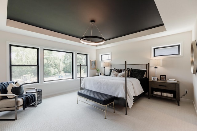 bedroom with a tray ceiling, multiple windows, and carpet floors