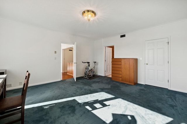 interior space featuring dark colored carpet