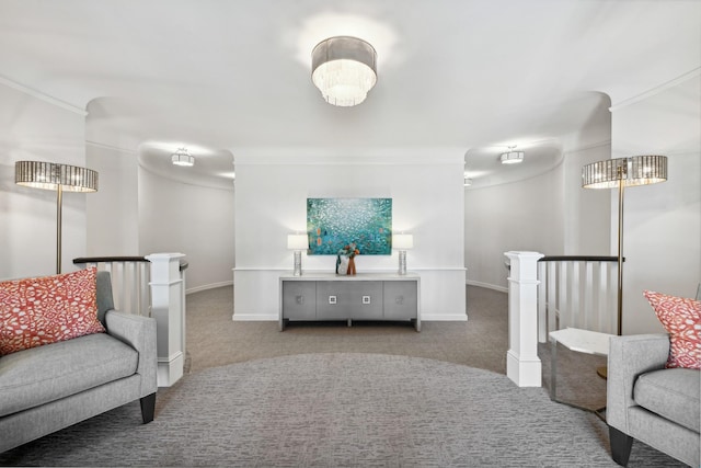 interior space with carpet and crown molding