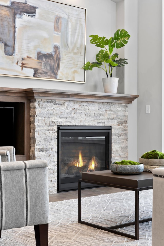 details with a stone fireplace