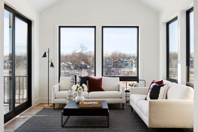 interior space with hardwood / wood-style flooring, plenty of natural light, and vaulted ceiling