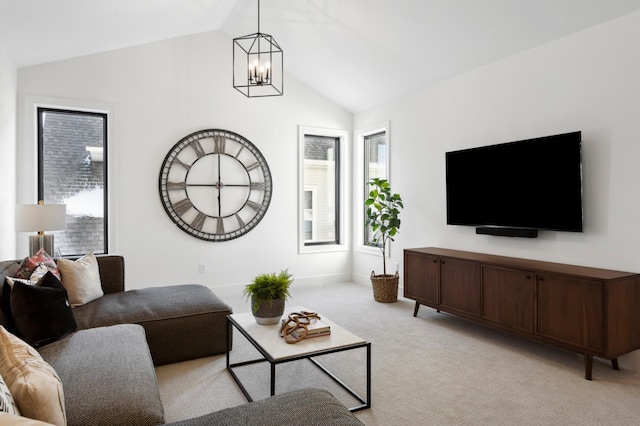 living room featuring an inviting chandelier, light colored carpet, and vaulted ceiling