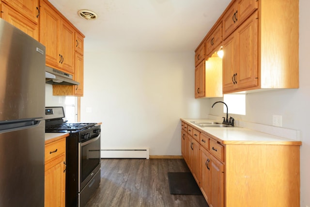 kitchen with stainless steel appliances, a baseboard radiator, dark hardwood / wood-style floors, and sink