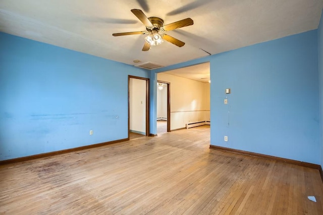 spare room with ceiling fan, light wood-type flooring, and a baseboard heating unit