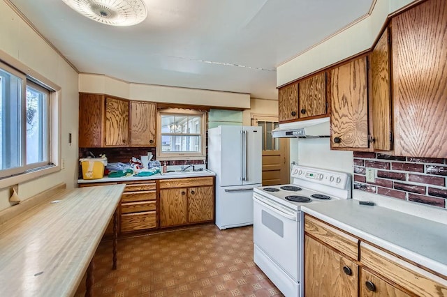 kitchen with plenty of natural light, white appliances, and sink