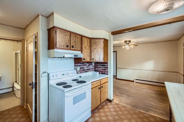 kitchen with white electric stove, baseboard heating, and ceiling fan