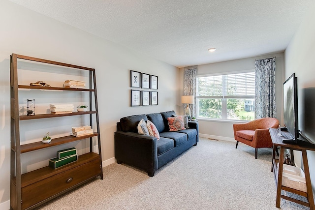 carpeted living room with a textured ceiling