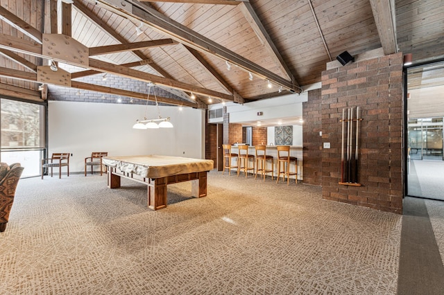 playroom featuring carpet flooring, high vaulted ceiling, wooden ceiling, and billiards