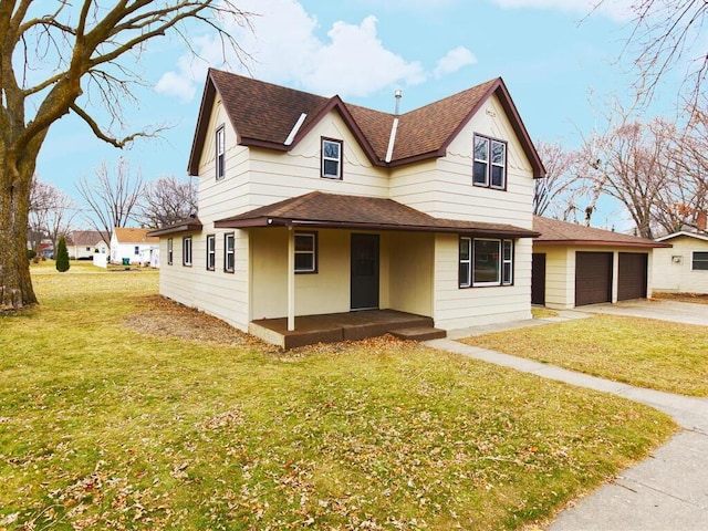 farmhouse-style home with a garage and a front lawn