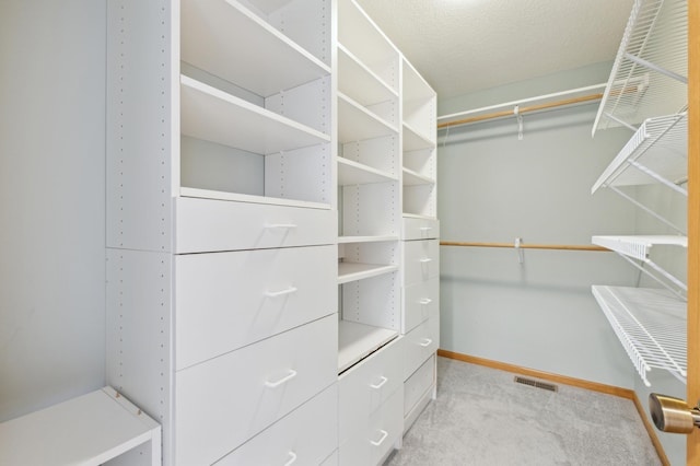 walk in closet featuring light carpet