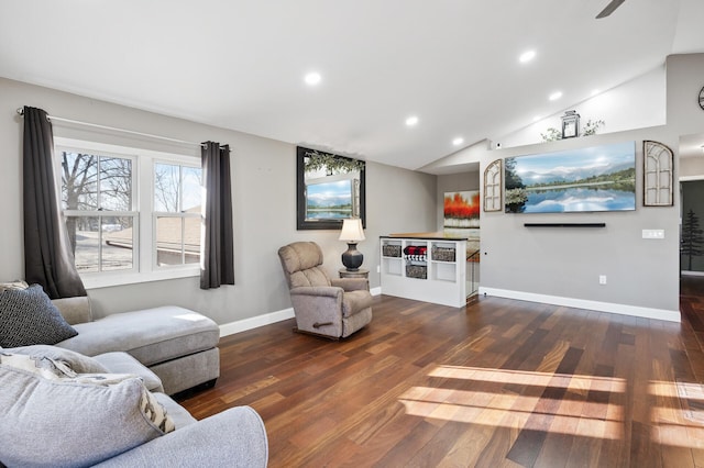 living room featuring dark wood-type flooring and lofted ceiling