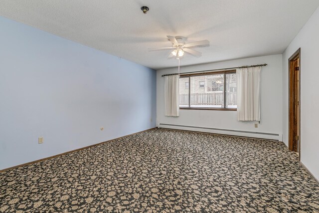 unfurnished room featuring a baseboard heating unit, a ceiling fan, carpet, a textured ceiling, and baseboards