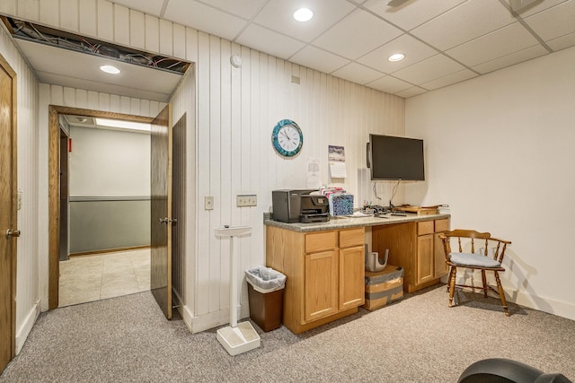 office area with light colored carpet, baseboards, and recessed lighting