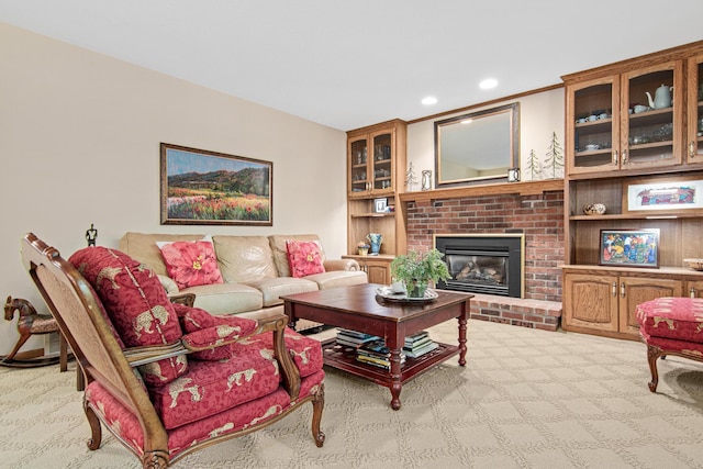 6678 Hemlock Ln N, Maple Grove, MN 55369 - living room with light colored carpet, a fireplace, recessed lighting, and built in shelves
