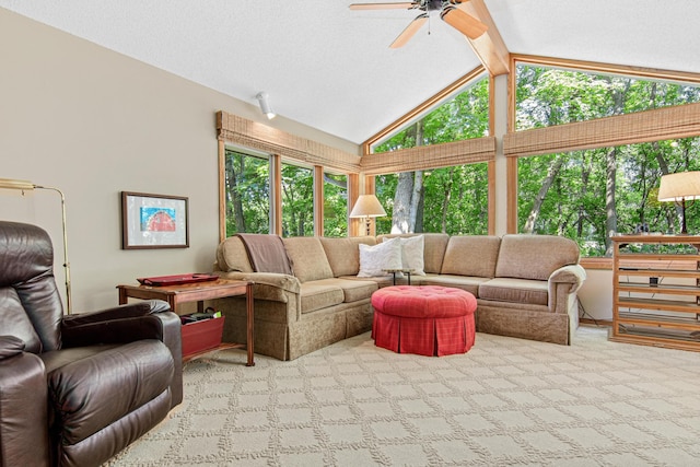 6678 Hemlock Ln N, Maple Grove, MN 55369 - carpeted living room featuring vaulted ceiling and a ceiling fan