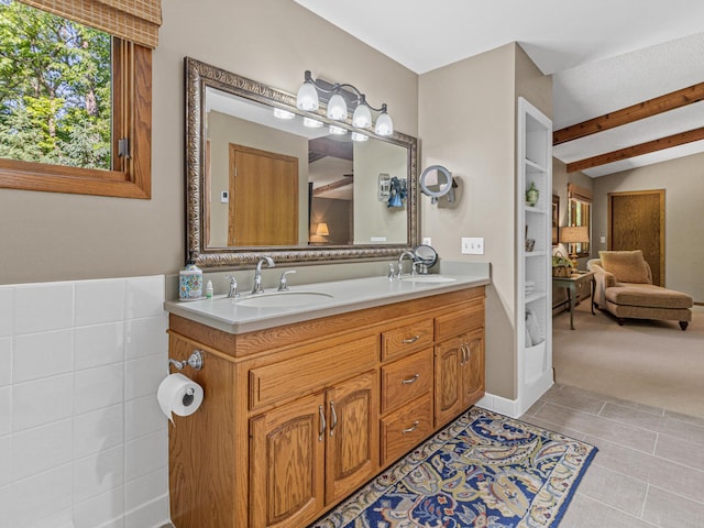 6678 Hemlock Ln N, Maple Grove, MN 55369 - full bathroom featuring beamed ceiling, double vanity, and tile patterned floors