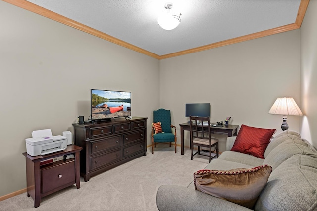 living room with baseboards, ornamental molding, a textured ceiling, and light colored carpet