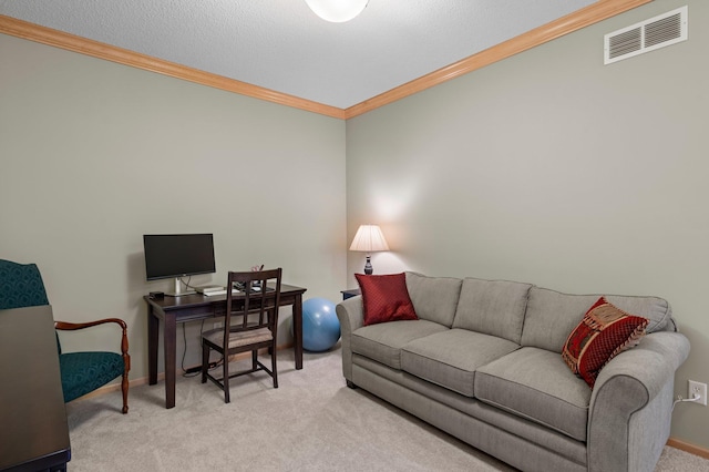 carpeted office space featuring baseboards, visible vents, and ornamental molding