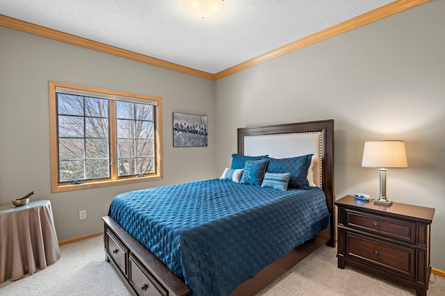 bedroom featuring light colored carpet, a textured ceiling, baseboards, and crown molding
