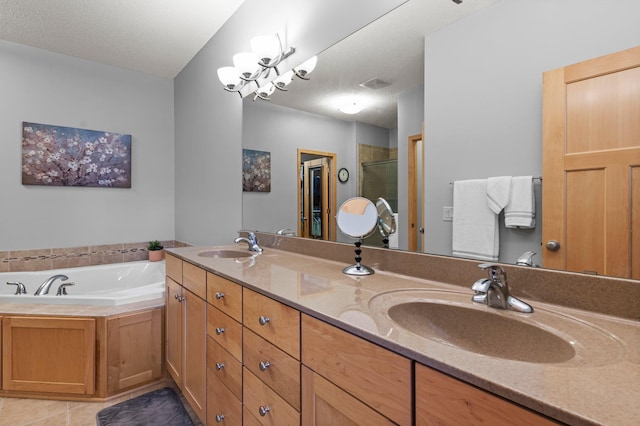 full bath with double vanity, a sink, a bath, and a stall shower