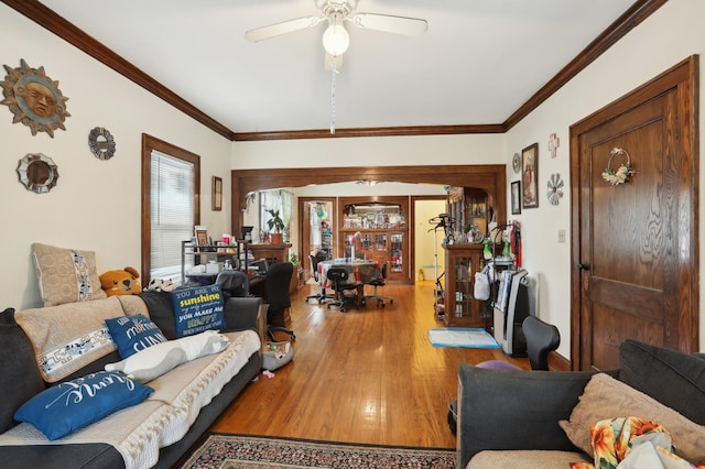 3532 Longfellow Ave, Minneapolis, MN 55407 - living room featuring a ceiling fan, wood finished floors, and crown molding