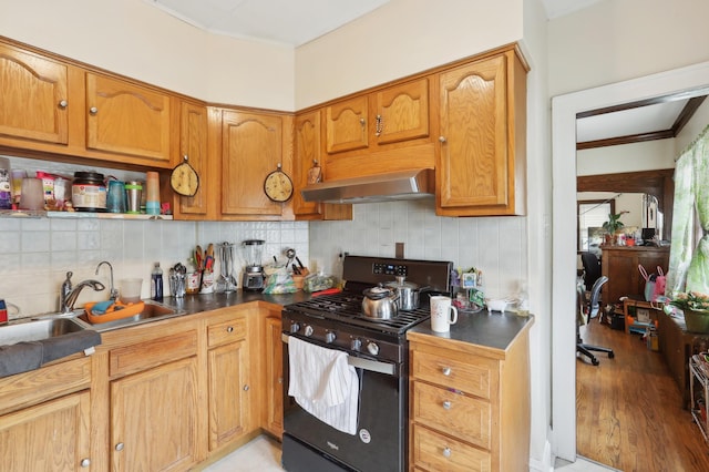 3532 Longfellow Ave, Minneapolis, MN 55407 - kitchen featuring stainless steel range with gas stovetop, wall chimney exhaust hood, ornamental molding, backsplash, and dark countertops