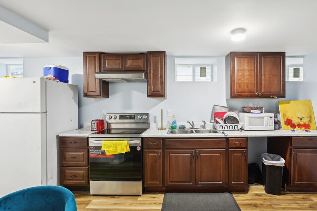 3532 Longfellow Ave, Minneapolis, MN 55407 - kitchen featuring white appliances, a sink, under cabinet range hood, and light wood-type flooring