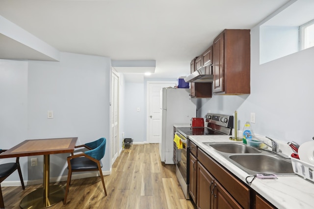 3532 Longfellow Ave, Minneapolis, MN 55407 - kitchen featuring stainless steel electric range oven, a sink, under cabinet range hood, light wood-style floors, and light countertops