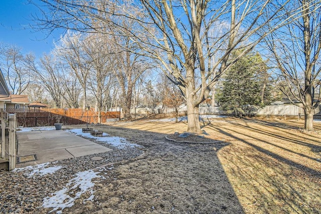 yard covered in snow featuring a patio area