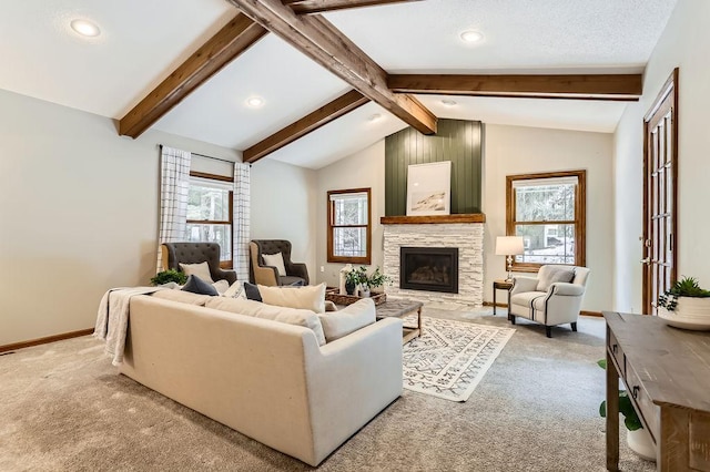 living room featuring a fireplace, lofted ceiling with beams, and light carpet