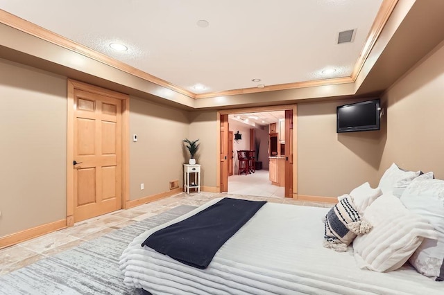 tiled bedroom featuring ornamental molding