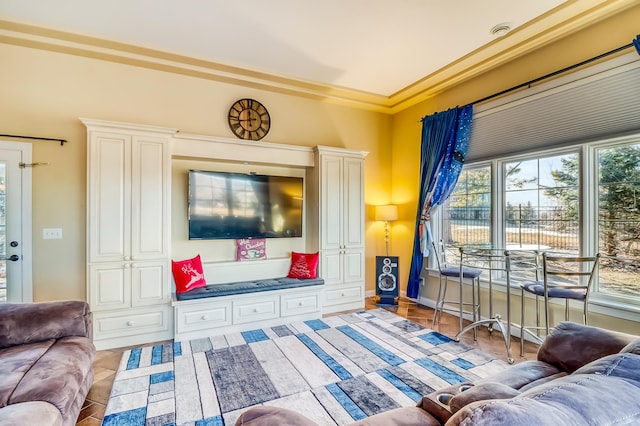 living room with crown molding