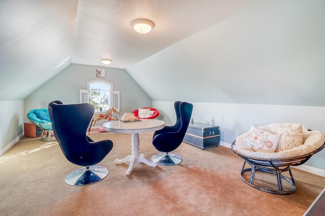 carpeted home office featuring a textured ceiling and lofted ceiling