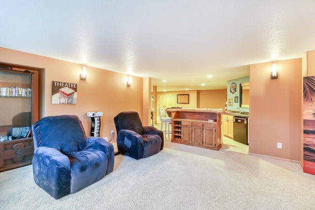 carpeted living room featuring indoor wet bar